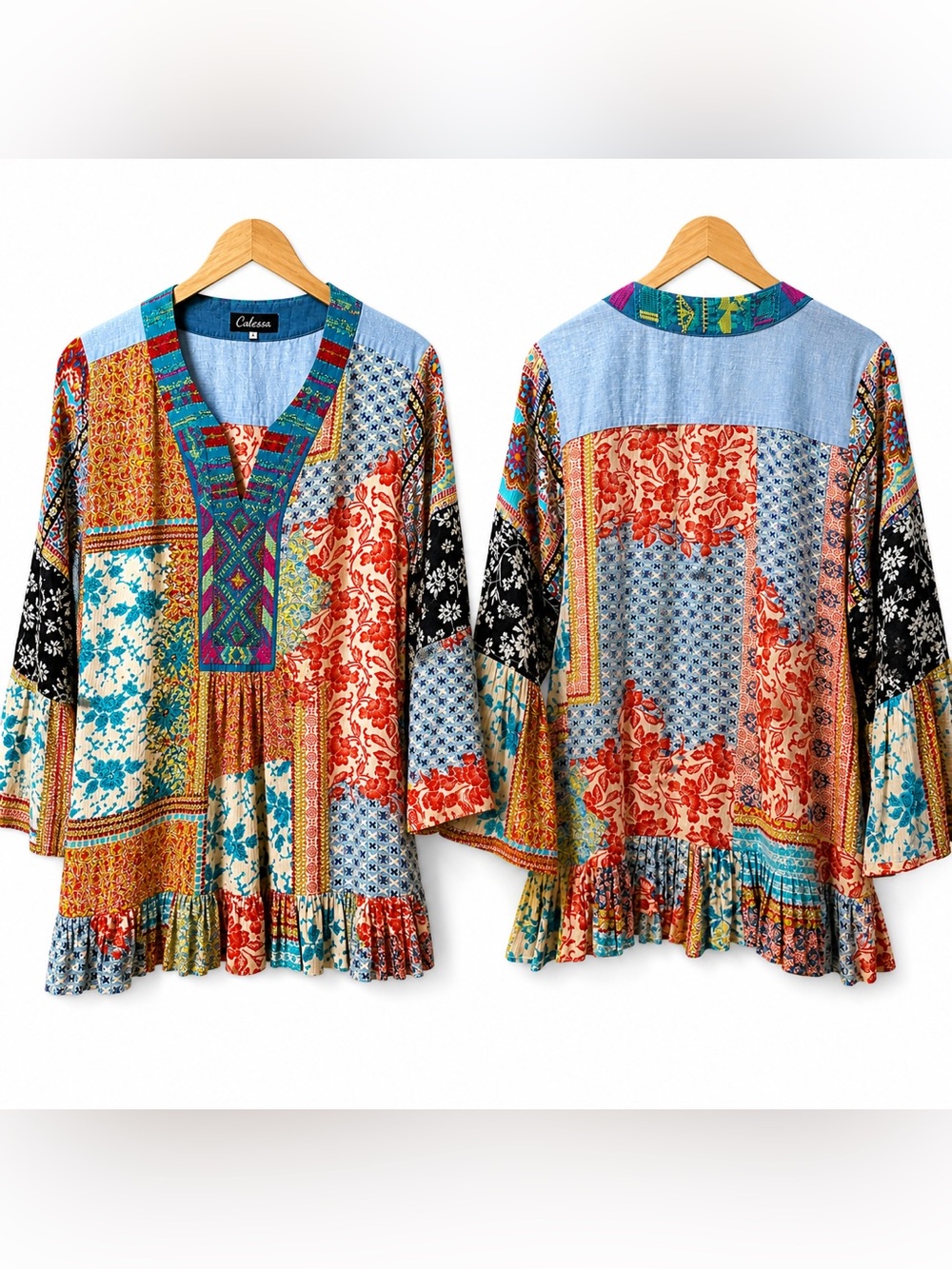 Calessa Patchwork Boho Tunic Top Bell Sleeve Embroidered Women’s Large